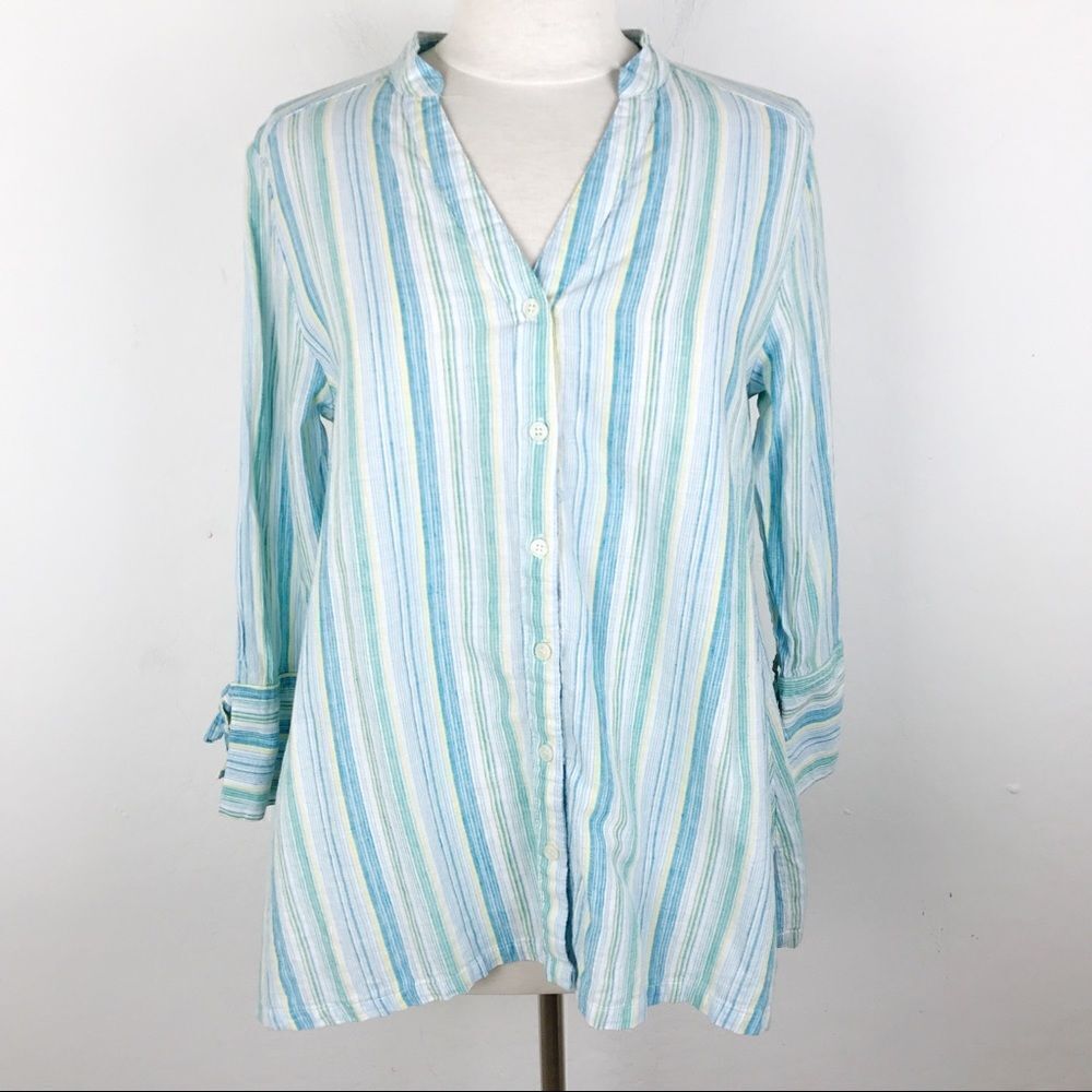 Sympli Striped Color Spring Button Down Blouse Sm